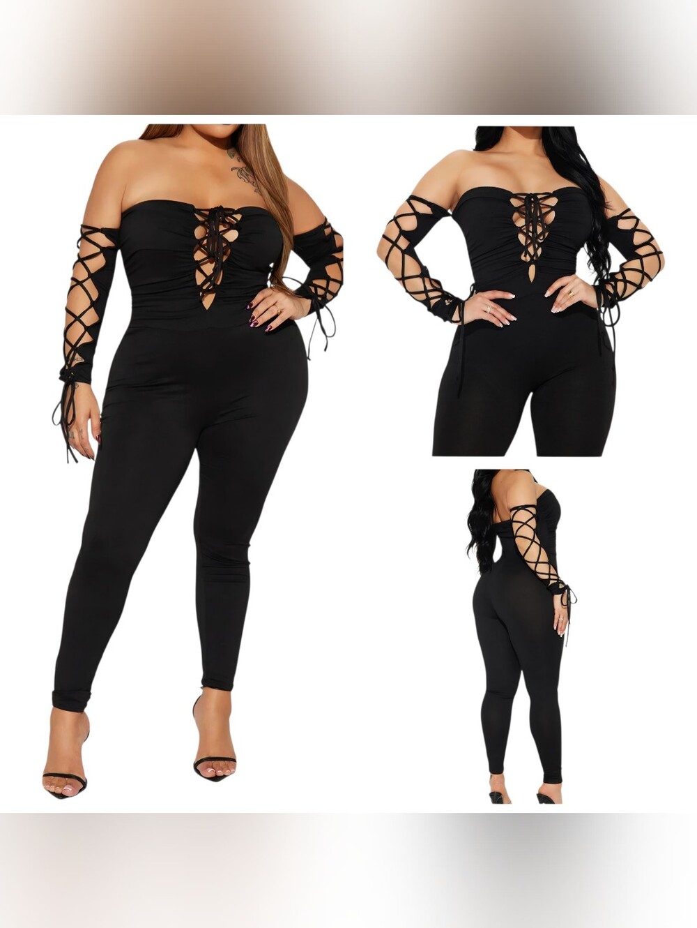 FASHION NOVA Strapless Deep Plunge Lace-Up Jumpsuit Attached Gloves 1X Black NWT